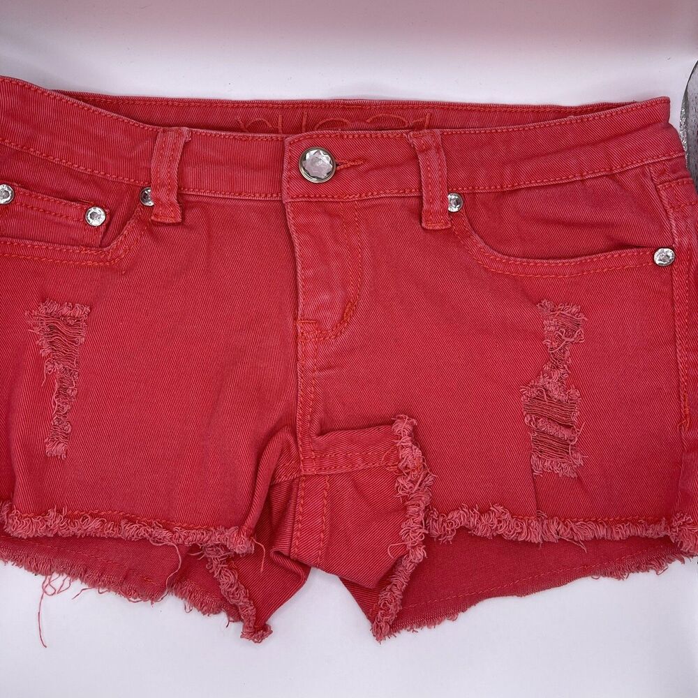 Rue21 Jean Shorts Junior’s Denim Pink Red Frayed Hem Daisy Duke Size 3/4